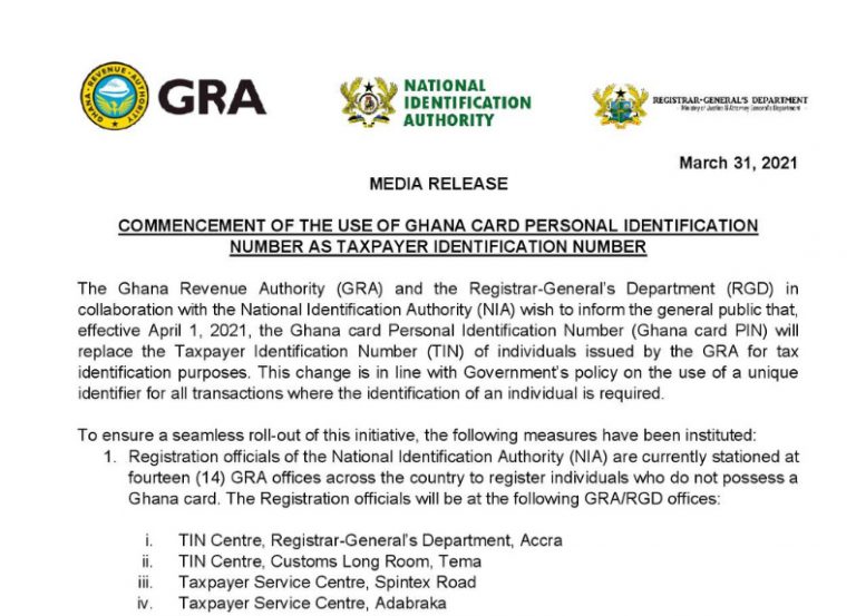 Commencement of The Use Of Ghana Card Personal Identification Number As ...